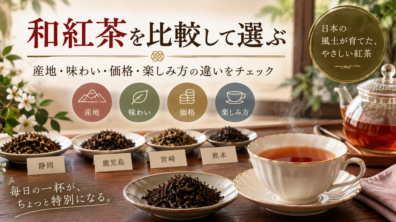 和紅茶を比較して選ぶ
雅紅茶など国産紅茶の特徴や違いをわかりやすく解説